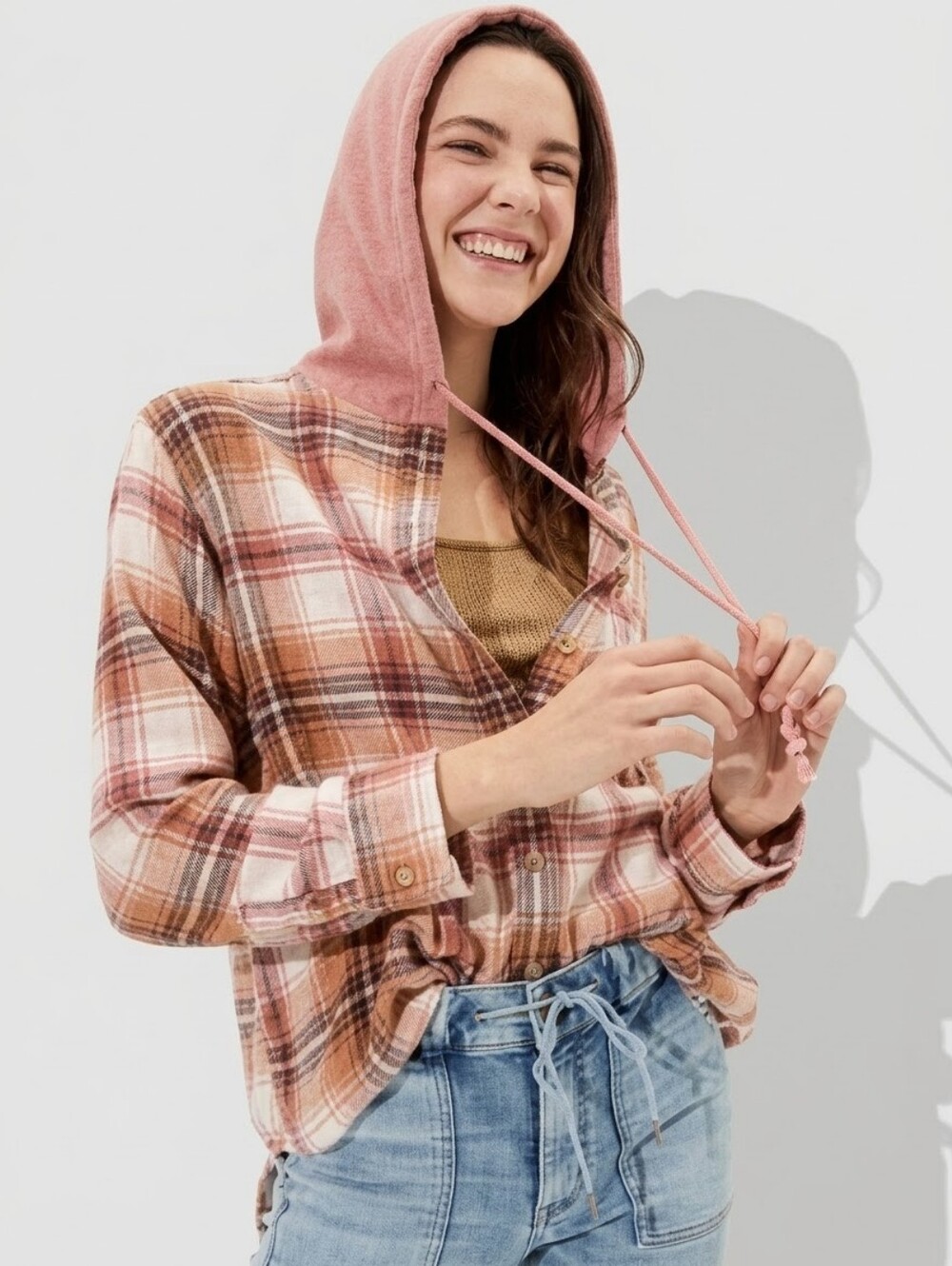 American Eagle Outfitters Womens Hoodie Shirt 100% Cotton Plaid Pink/Brown Med